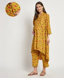 Aujjessa Three Fourth Sleeves Printed Maternity & Feeding High Low Kurta Set - Yellow
