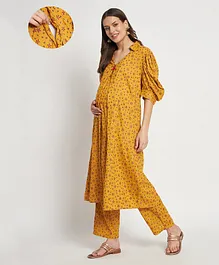 Aujjessa Half Sleeves Printed Maternity & Feeding Kurta Set - Mustard Yellow