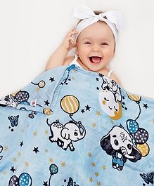 Babyhug Single Ply Mink Blanket Elephant Party Print - Blue
