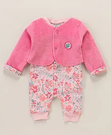 Wonderchild Full Sleeves Flower Printed Romper With Velour Jacket - Pink