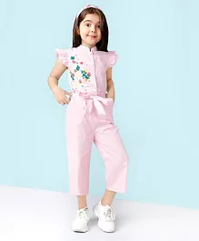 Naughty Ninos Frill Cap Sleeves Placement Garden Flowers Embroidered Jumpsuit - Pink