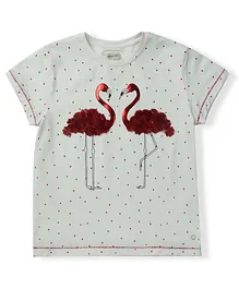 Gini And Jony  Half Sleeves All Over Printed Flamingo Applique Top - White