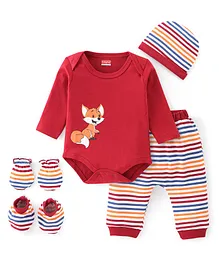 Babyhug 100% Cotton Interlock Knit Full Sleeves Onesies With Leggings Cap & Mittens Booties Stripes & Fox Print - Red