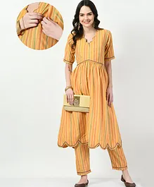 Mometernity Half Sleeves Laced Detailed And Striped Maternity And Nursing Kurta With Pant - Mustard Yellow