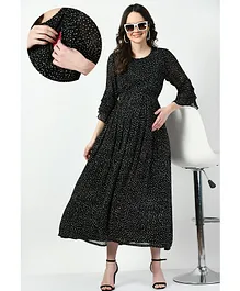 Mometernity Half Sleeves Polka Dot Maternity And Nursing Maxi Dress - Black