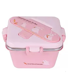 Elecart Cute Cartoon Printed Snacks Box with Spoon & Fork One Bowl Stainless Steel Lunch Box - Pink