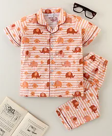 Knotty Kids Full Sleeves Elephant Printed Shirt And  Pant Night Suit Set - Cream