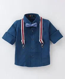 Robo Fry Cotton Full Sleeves Pintucks Party Shirt with Bow & Suspender - Blue