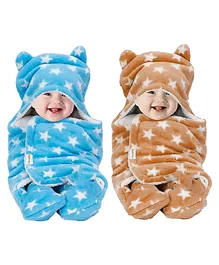 OyO Baby 3-in-1 Fleece Hooded Baby Blanket Wrappers Pack of 2 - Blue & Beige