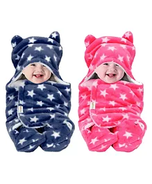 OyO Baby 3-in-1 Fleece Hooded Baby Blanket Wrappers Pack of 2 - Blue & Pink