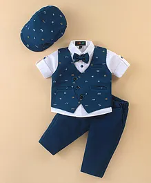 Robo Fry Full Sleeves Party Suits With Bow & Cap - Blue & White