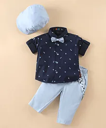 Robo Fry Cotton Lycra Full Sleeves Designs Printed Party Shirt & Trouser Set with Bow Cap & Suspender - Navy Blue