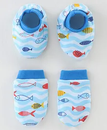 OHMS Interlock Knit Mittens and Booties Fish Print - Blue