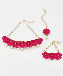 Lime By Manika Flower Embellished Necklace Bracelet & Manng Teeka Set - Magenta Pink