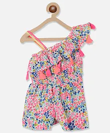 Nauti Nati Floral Printed One Shoulder Jumpsuit With Ruffles - Blue & Pink