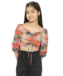 Natilene Three Fourth Sleeves Abstract Print Ruched Crepe Crop Top - Pink