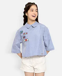 Natilene Girls Third Fourth Sleeves Railroad Striped With Heart & Camera Embroidered Crop Top - Blue