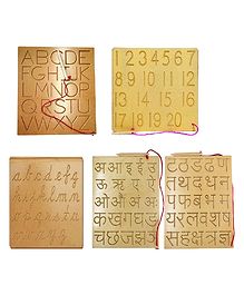 New Pinch Combo Of Capital And Small Alphabets & Numbers With Hindi Varnmala Writing Practice Wooden Tracing Boards Educational Toys For Kids With Dummy Pencil Letter Educational Set of 5 - Brown