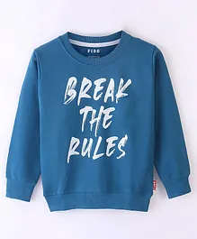 Fido Cotton Knit Looper Full Sleeves Text Printed Light Winter Wear T-Shirt - Blue