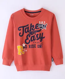 Fido Looper Full Sleeves Light Winterwear T-Shirt Text Printed - Rust Red
