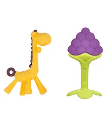 Kritiu Baby Giraffe Shape Silicone Teether Toy & Stand Teether Combo Pack Of 2 - Multicolour