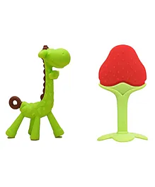 Kritiu Baby Giraffe Shape Silicone Teether Toy & Stand Teether Combo Pack Of 2 - Green