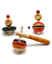 Funwood Games Wooden Spinning Tops Toys Set of 3 Pcs - Wind Tops - Assorted Color