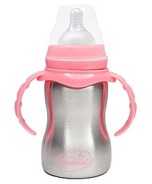 Domenico World Baby Feeding Bottle in Stainless Steel rganic Kidz High Grade Stainless Steel 2 in 1 Sipper and Feeding Bottle With Silicone Nipple For Baby Pink - 240 ml