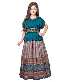 Betty By Tiny Kingdom Half Sleeves Embroidered Belt & Damask Printed Peplum StyleGown  - Green