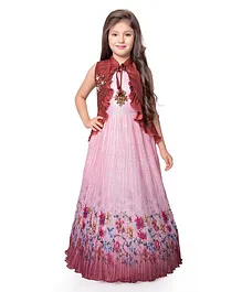 Betty By Tiny Kingdom Sleeveless Placement Floral Printed Gown With Sequin Embellished Frilled Jacket - Pink