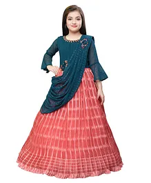 Betty By Tiny Kingdom Three Fourth Bell Sleeves Bead Work Embellished & Embroidered With Flower Applique Detailed Flared Gown With Attached Dupatta - Green & Peach