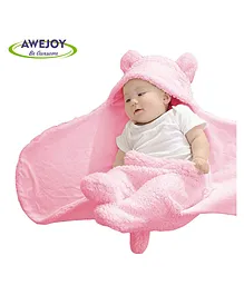 Awejoy 3 in1 Fleece Hooded Blanket Wrapper Towel - Pink