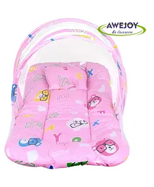 Awejoy Cotton Bedding Set with Mosquito Net for Baby ABCD and Dog Head Design - Pink