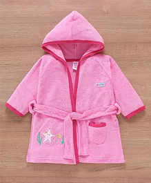 Babyhug Cotton Terry Knit Full Sleeves Hooded Bath Robe Marine Life Embroidery - Pink