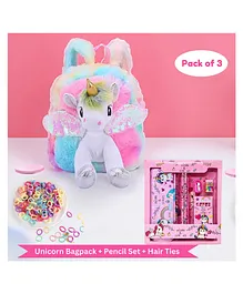 Puchku Unicorn Bag with Stationery Gift set and Hair Ties Pack of 3 - Multicolor