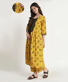 Aujjessa Three Fourth Sleeves Floral Printed Laced Embroidered Maternity Feeding Kurta With Pant - Mustard Yellow & Black