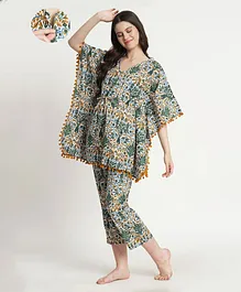 Aujjessa Three Fourth Bat Wing  Sleeves  Floral Printed Kaftan Style Front Zipper Maternity Night Suit - White & Green