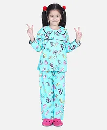 BownBee Full Sleeves Pete Pan Collar Car Printed Night Suit - Blue