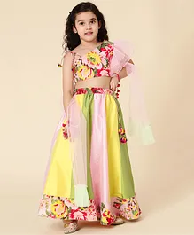 A.T.U.N. Flutter Half Sleeve Tropical Floral Printed One Shoulder Choli With Colour Blocked Coordinating Lehenga & Dupatta - Pink & Multi Colour