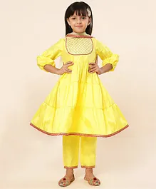 A.T.U.N. Three Fourth Sleeves  Checked Design Laced Embellished Solid Tiered  Kurta Dhoti Set - Lemon Yellow