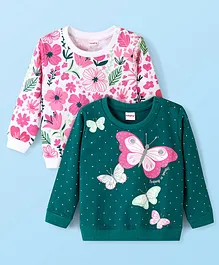 Babyhug Cotton Knit Full Sleeves Sweatshirts with Floral & Butterflies Print Pack of 2 - Pink & Green
