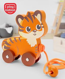 Play Nation Premium Wooden Orange Tiger Pull Along Toy for Kids| Pull String Wooden Gifting Toys for 1-3 Years Kids| Encourage Walking, Improves Motor Skills and Hand-Eye Coordination| Child Safe Material| BIS Certified