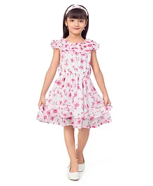 Doodle Girls Frilled Detailed Neckline Floral Motif Printed     Ruffled Dress With Headband - White