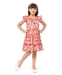 Doodle Girls Clothing Cap Sleeves All Over Autumn Flowers Printed Flared Dress With Coordinating Hair Band - Peach