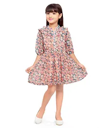 Doodle Girls Clothing Three Fourth Puffed Sleeves Seamless Floral Printed Fit & Flare Dress - Peach