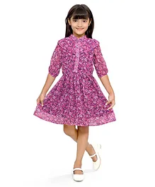 Doodle Girls Third Fourth Sleeves Floral Printed Embellished Fit & Flare Dress - Wine