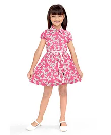 Doodle Girls Half Sleeves Butterfly Printed Dress With Belt - Red