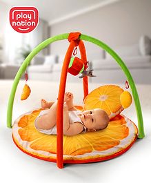 Play Nation Premium Orange Themed Play Gym | Activity Play Gym Mat, Portable Playmat with 5 Soft Hanging Toys for 0-18 Months| Washable Baby Play Gym| Child Safe Material| Gifting Toy| BIS Certified