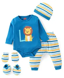 Babyhug 100% Cotton Knit Full Sleeves Onesie with Lounge Pant Cap Mittens & Booties Lion Print - Royal Blue