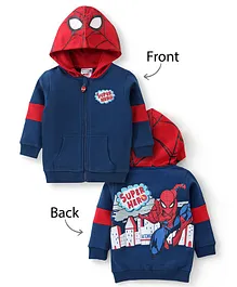 Babyhug 100% Cotton Knit Full Sleeves Hooded Sweatjacket with Zipper & Spiderman Graphics Print - Navy Blue & Red